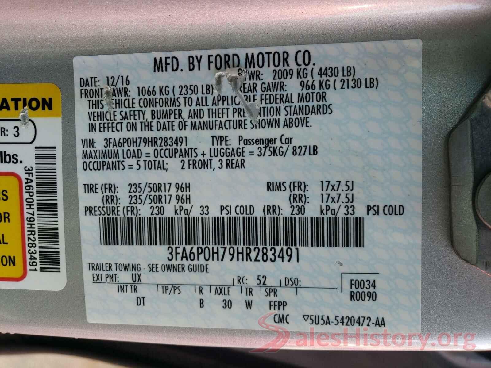 3FA6P0H79HR283491 2017 FORD FUSION