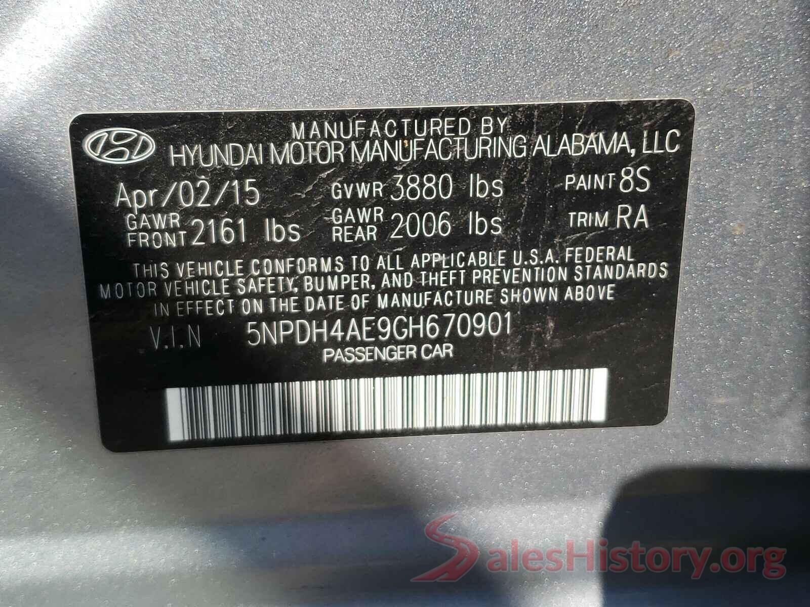 5NPDH4AE9GH670901 2016 HYUNDAI ELANTRA