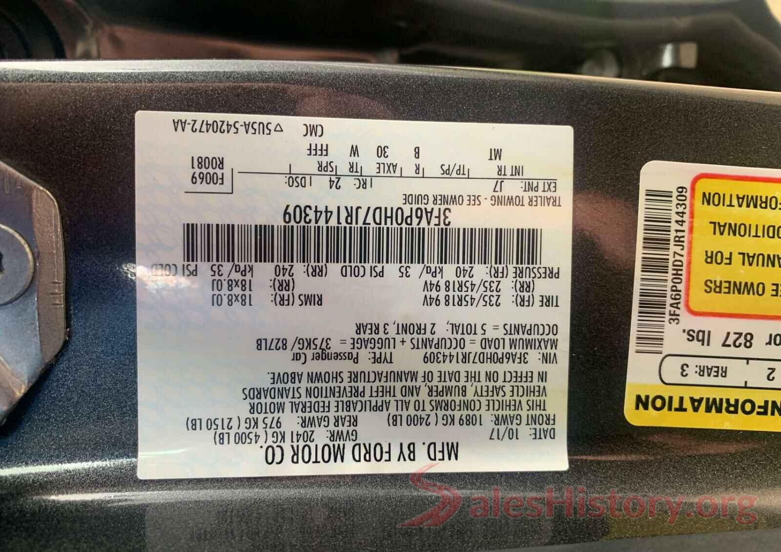 3FA6P0HD7JR144309 2018 FORD FUSION