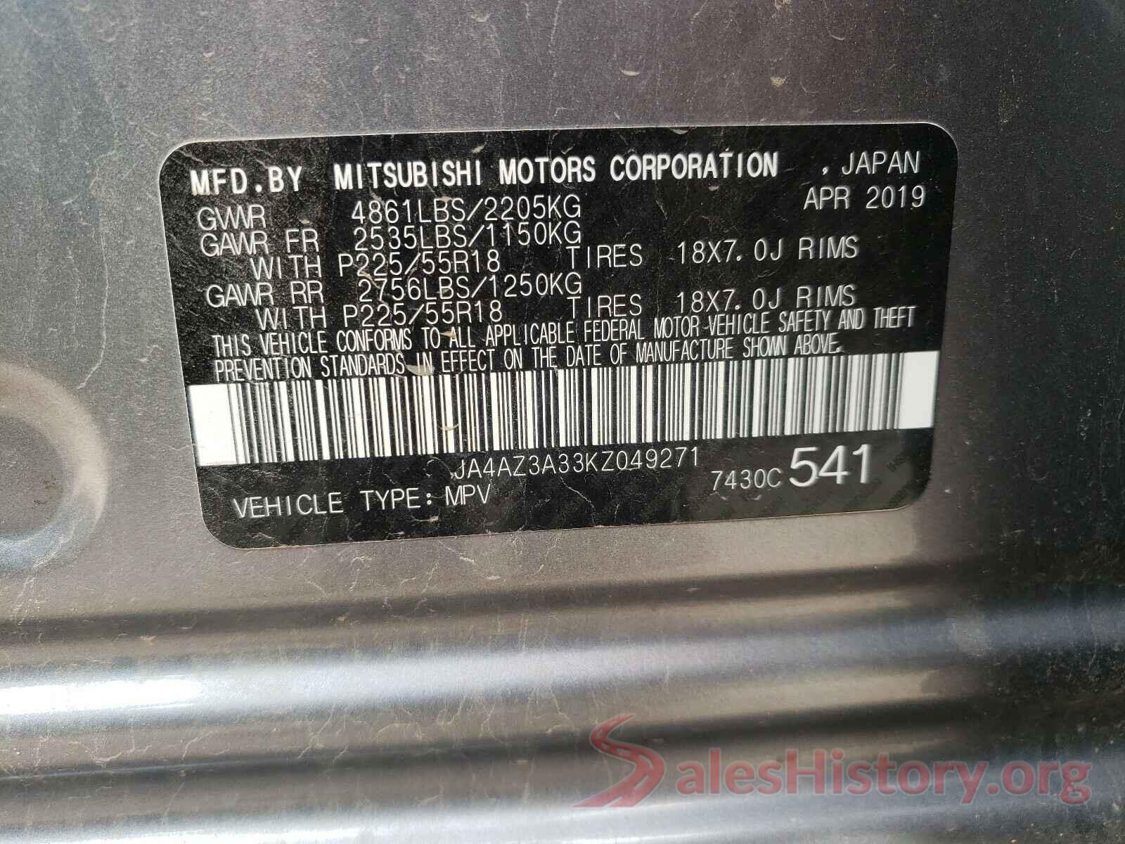 JA4AZ3A33KZ049271 2019 MITSUBISHI OUTLANDER