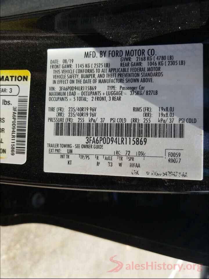 3FA6P0D94LR115869 2020 FORD FUSION