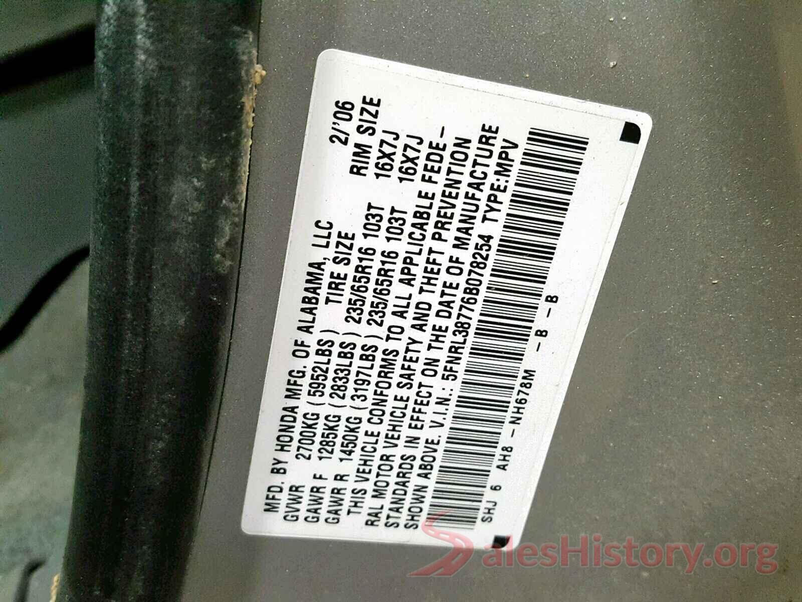 5FNRL38776B078254 2006 HONDA ODYSSEY EX