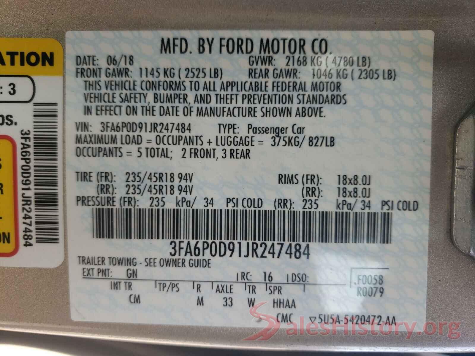 3FA6P0D91JR247484 2018 FORD FUSION