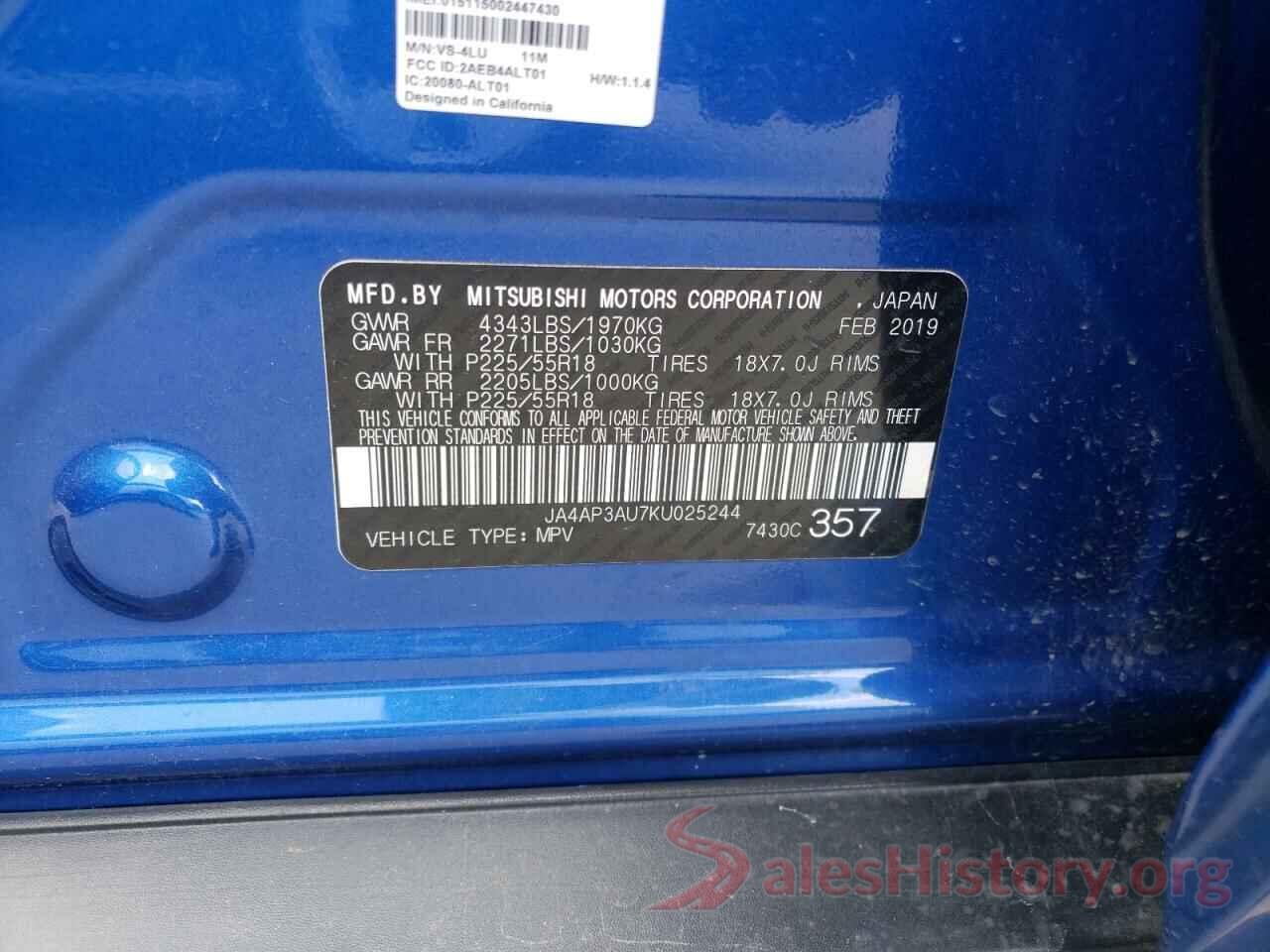 JA4AP3AU7KU025244 2019 MITSUBISHI OUTLANDER