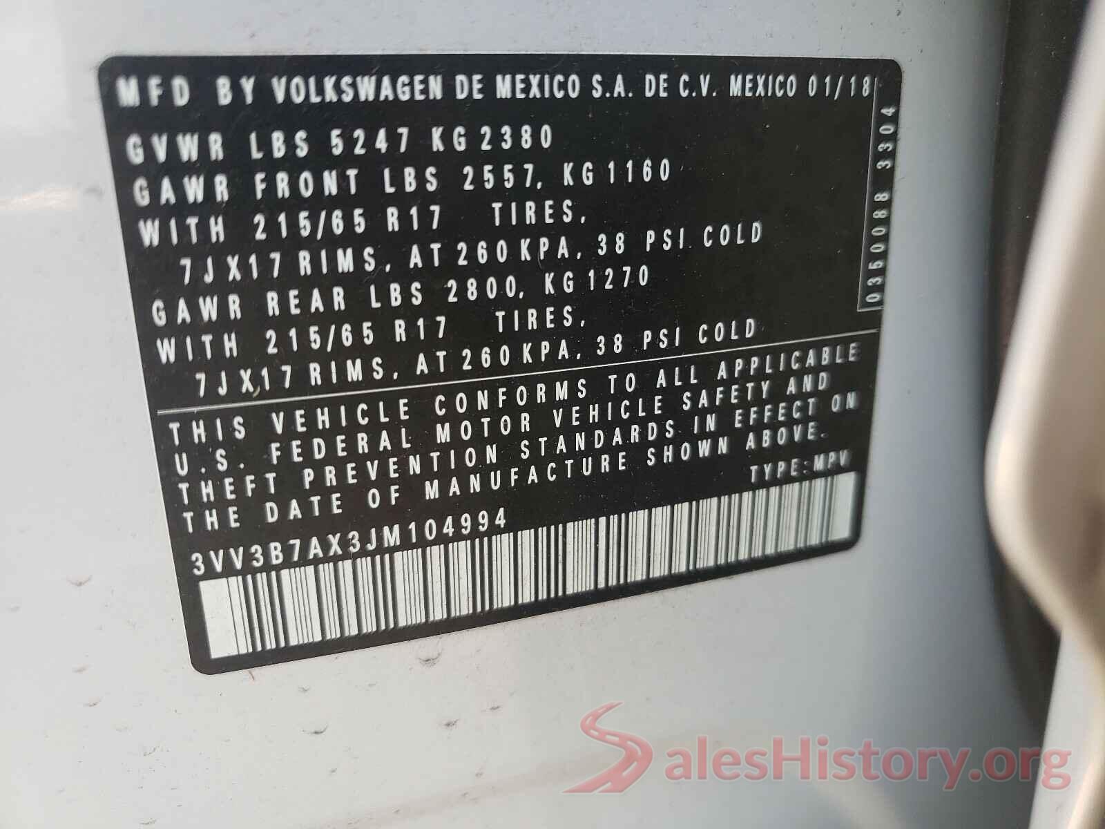 3VV3B7AX3JM104994 2018 VOLKSWAGEN TIGUAN