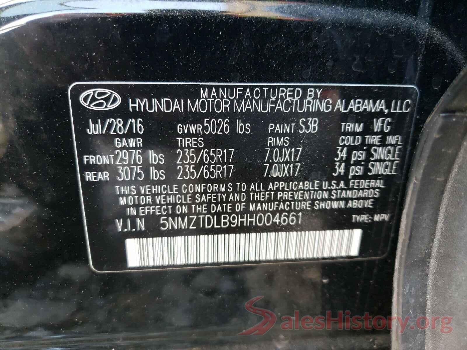 5NMZTDLB9HH004661 2017 HYUNDAI SANTA FE