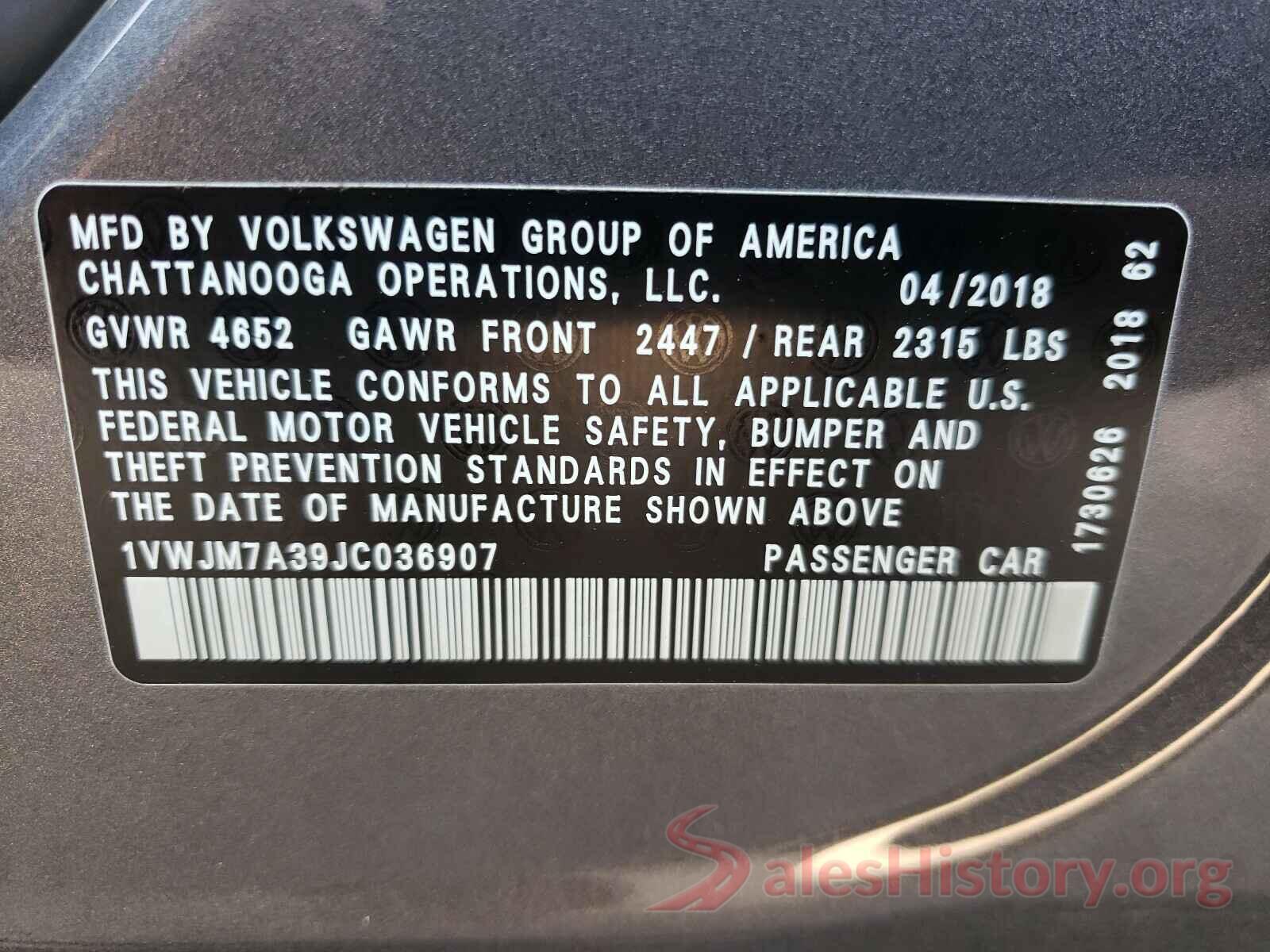 1VWJM7A39JC036907 2018 VOLKSWAGEN PASSAT