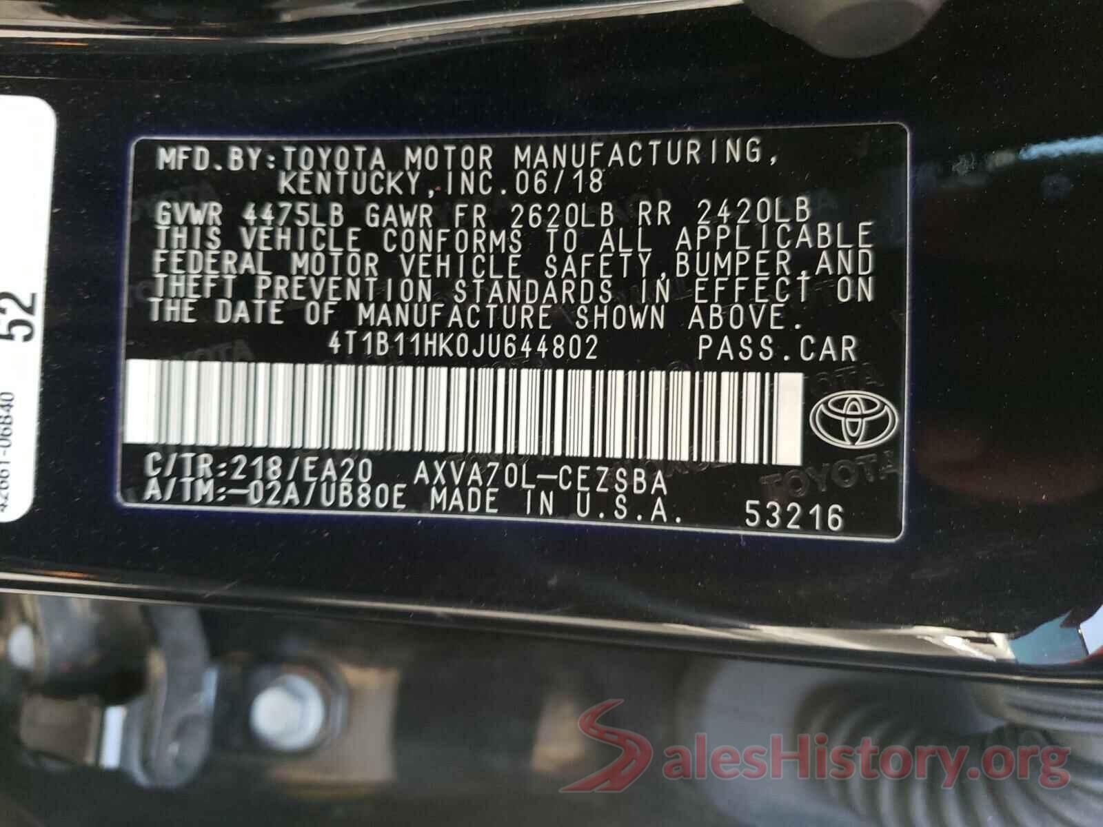 4T1B11HK0JU644802 2018 TOYOTA CAMRY