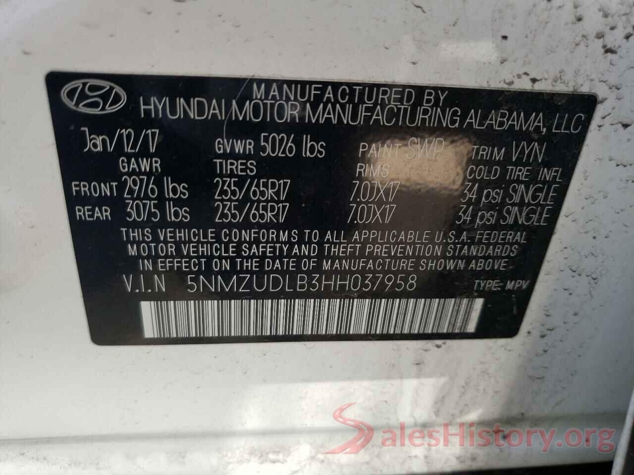 5NMZUDLB3HH037958 2017 HYUNDAI SANTA FE