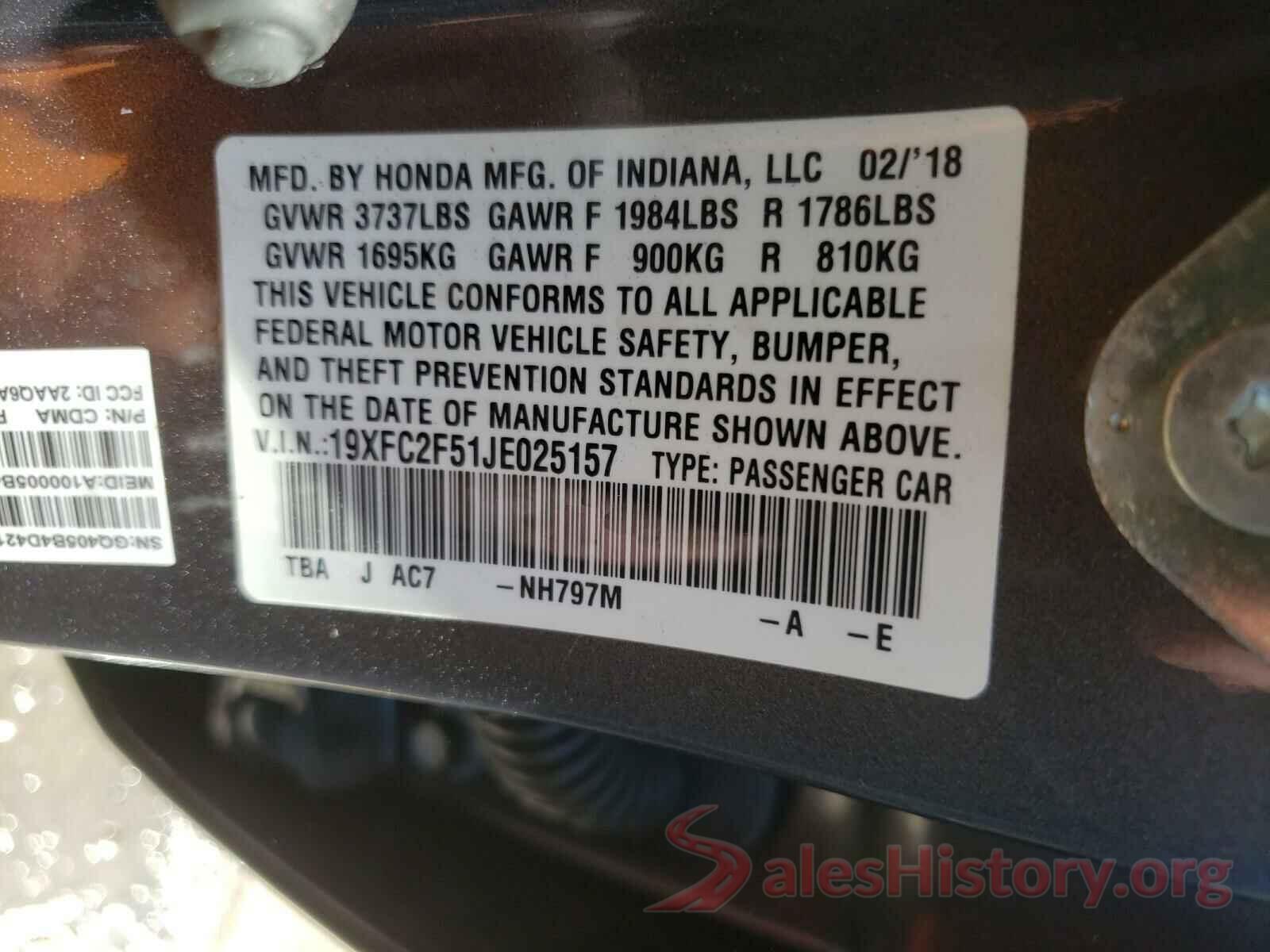 19XFC2F51JE025157 2018 HONDA CIVIC