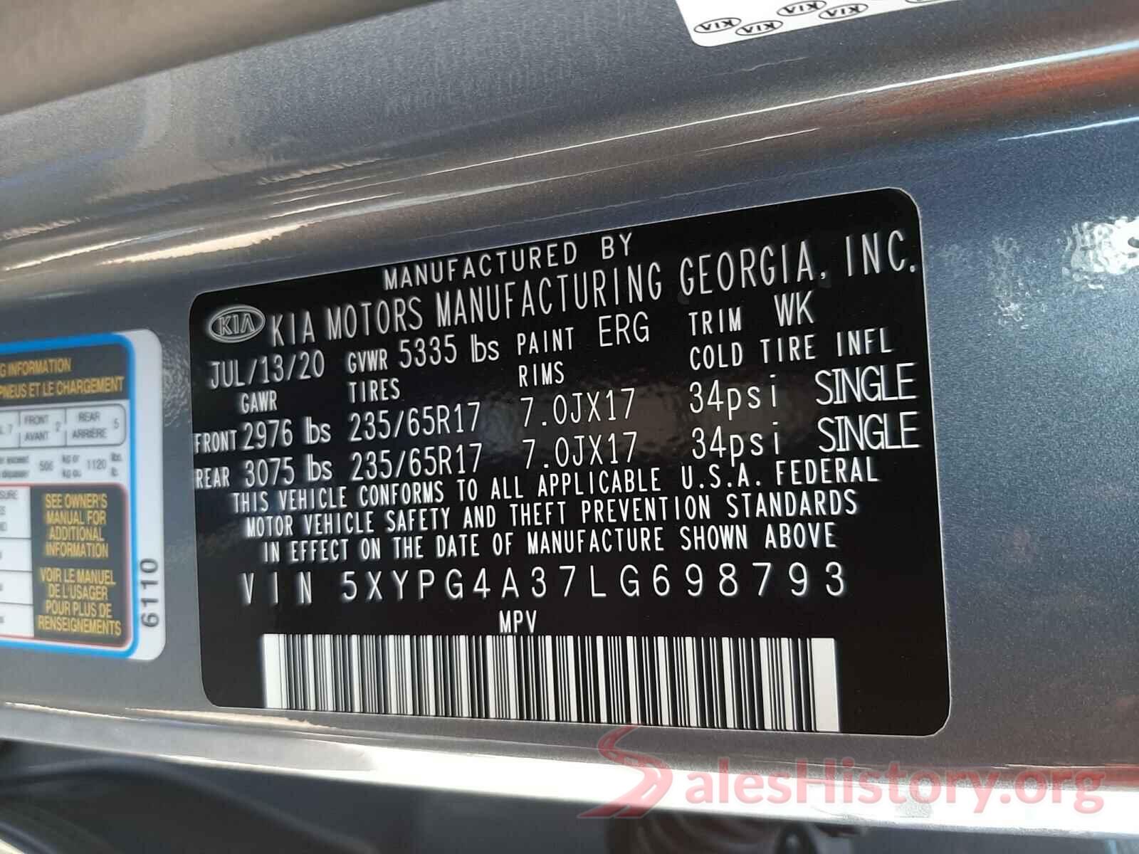 5XYPG4A37LG698793 2020 KIA SORENTO