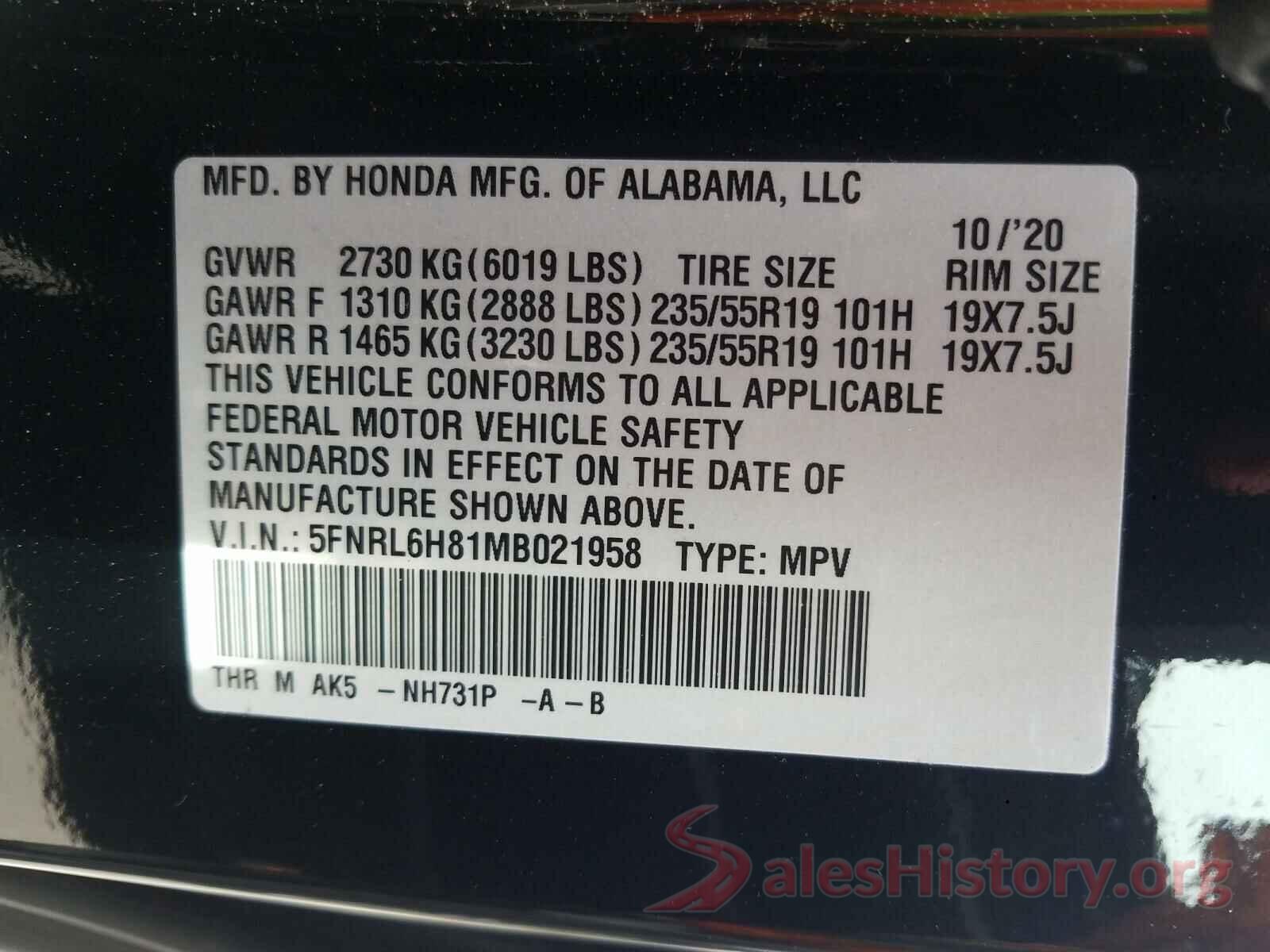 5FNRL6H81MB021958 2021 HONDA ODYSSEY