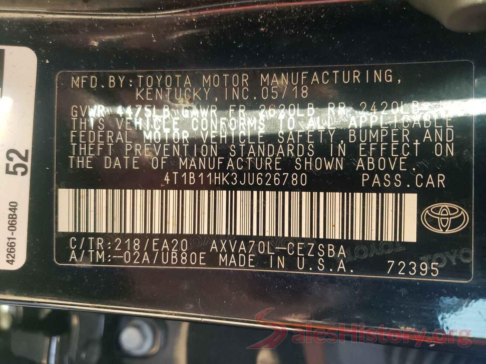 4T1B11HK3JU626780 2018 TOYOTA CAMRY