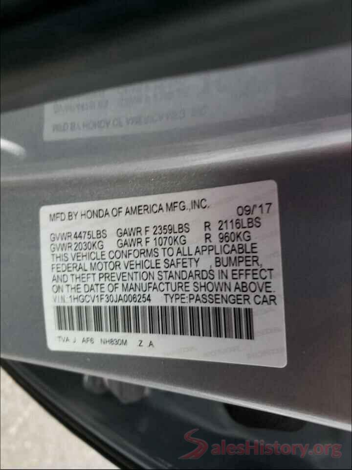 1HGCV1F30JA006254 2018 HONDA ACCORD