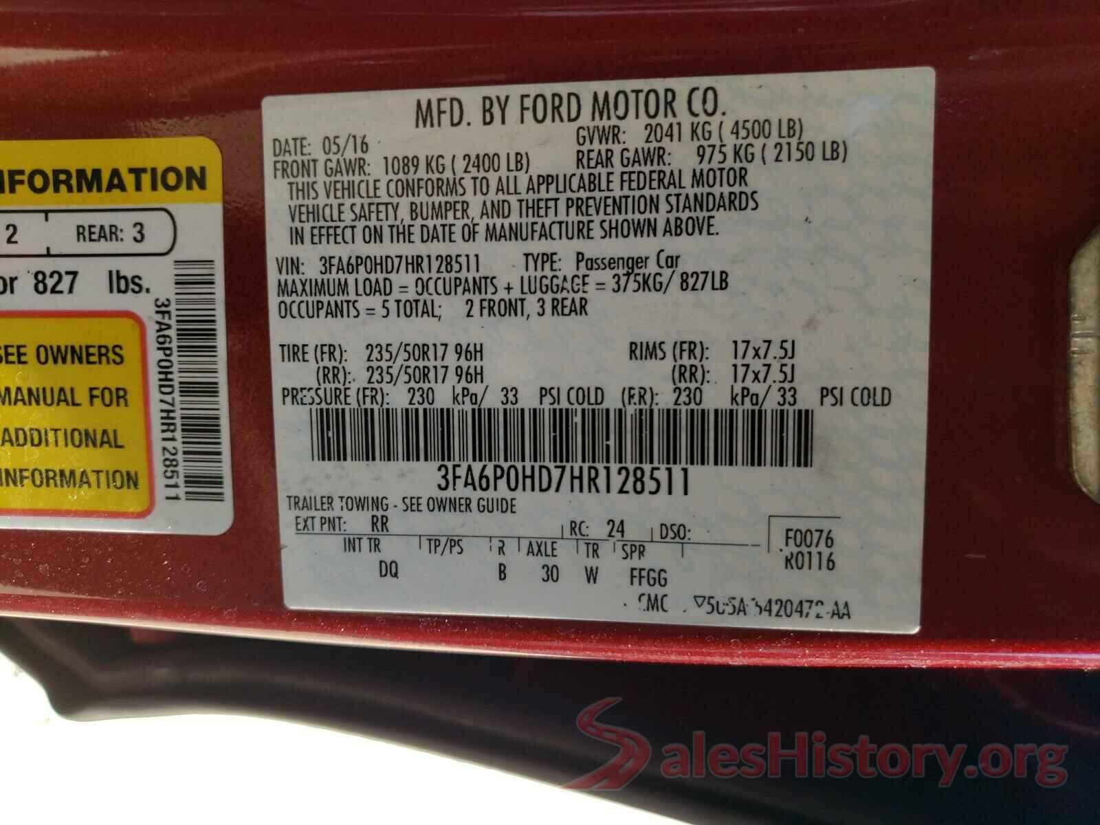 3FA6P0HD7HR128511 2017 FORD FUSION