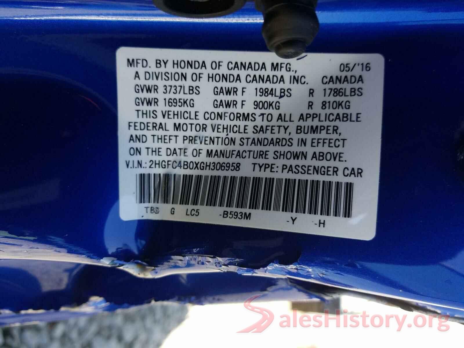 2HGFC4B0XGH306958 2016 HONDA CIVIC