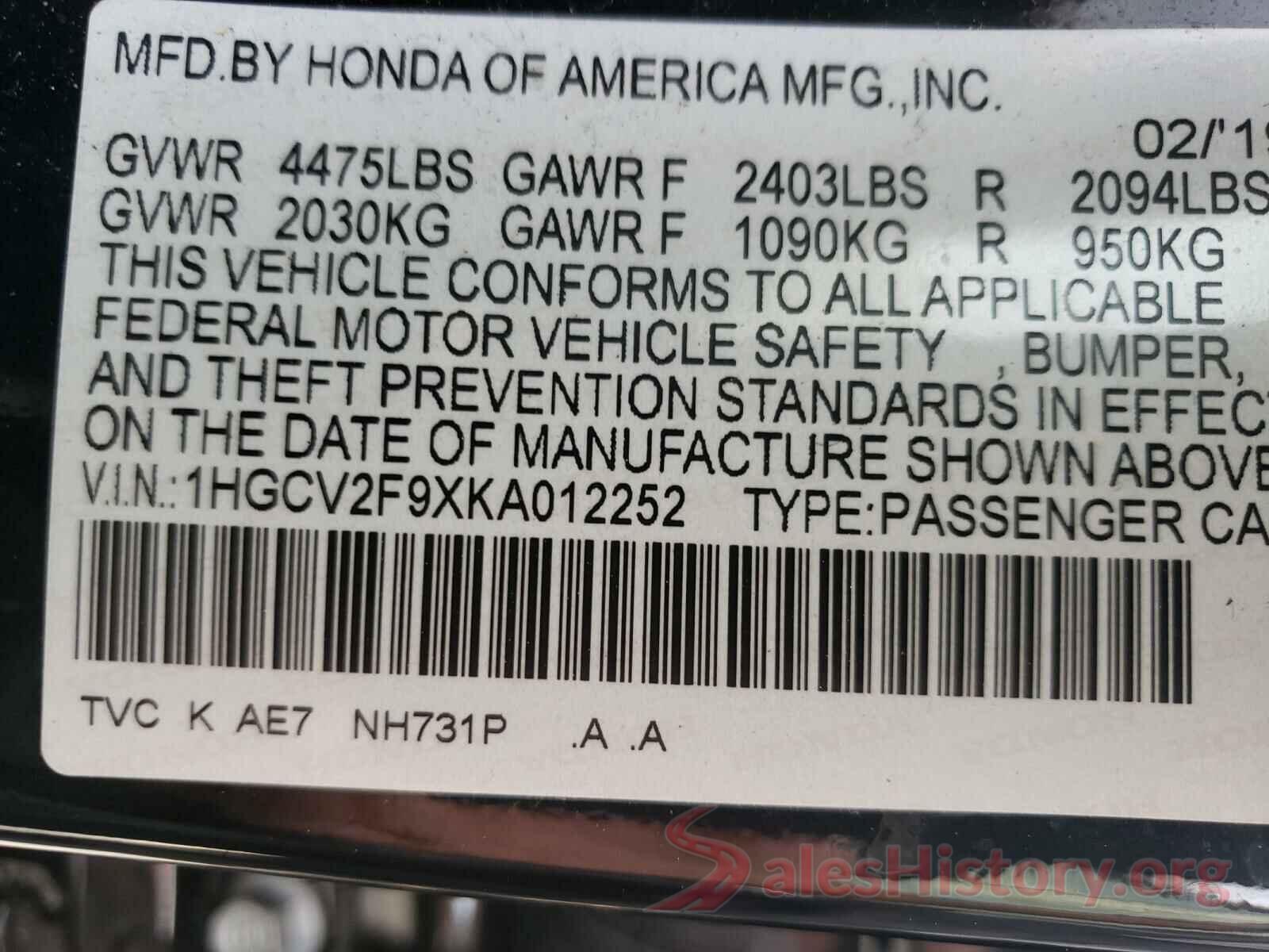 1HGCV2F9XKA012252 2019 HONDA ACCORD