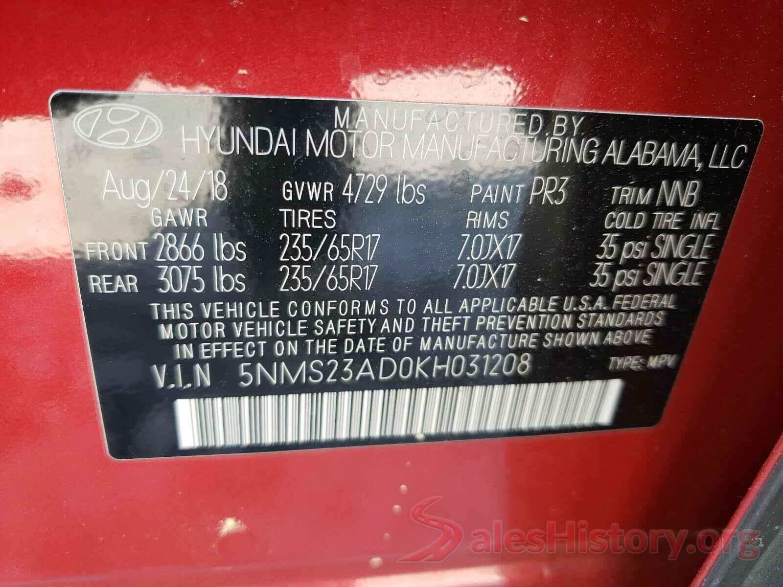 5NMS23AD0KH031208 2019 HYUNDAI SANTA FE