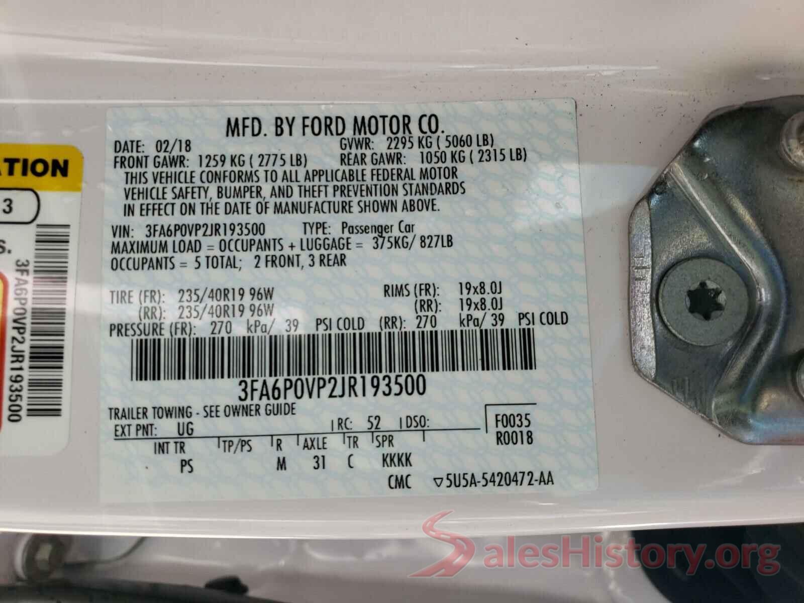 3FA6P0VP2JR193500 2018 FORD FUSION