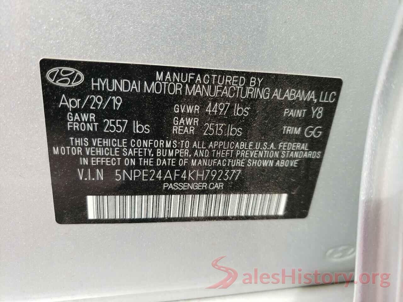 5NPE24AF4KH792377 2019 HYUNDAI SONATA