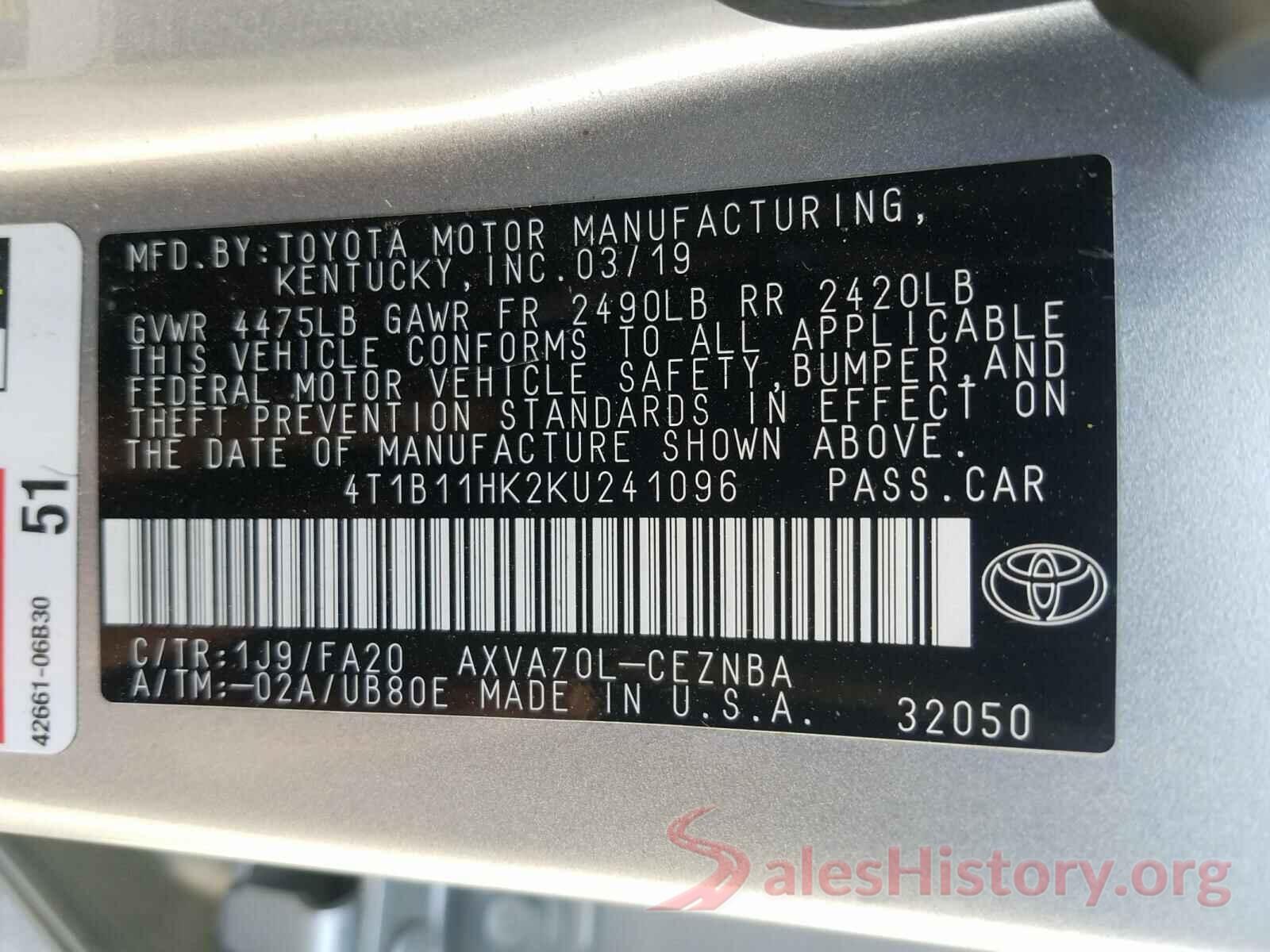 4T1B11HK2KU241096 2019 TOYOTA CAMRY