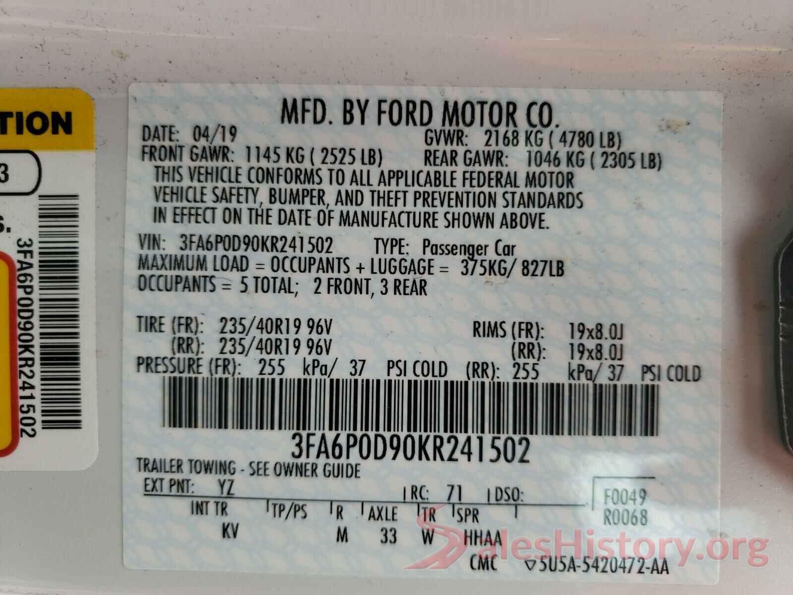 3FA6P0D90KR241502 2019 FORD FUSION