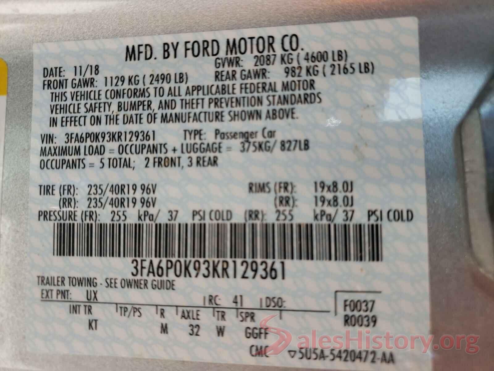 3FA6P0K93KR129361 2019 FORD FUSION