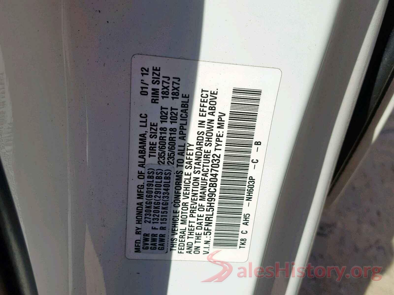 5FNRL5H99CB047032 2012 HONDA ODYSSEY TO