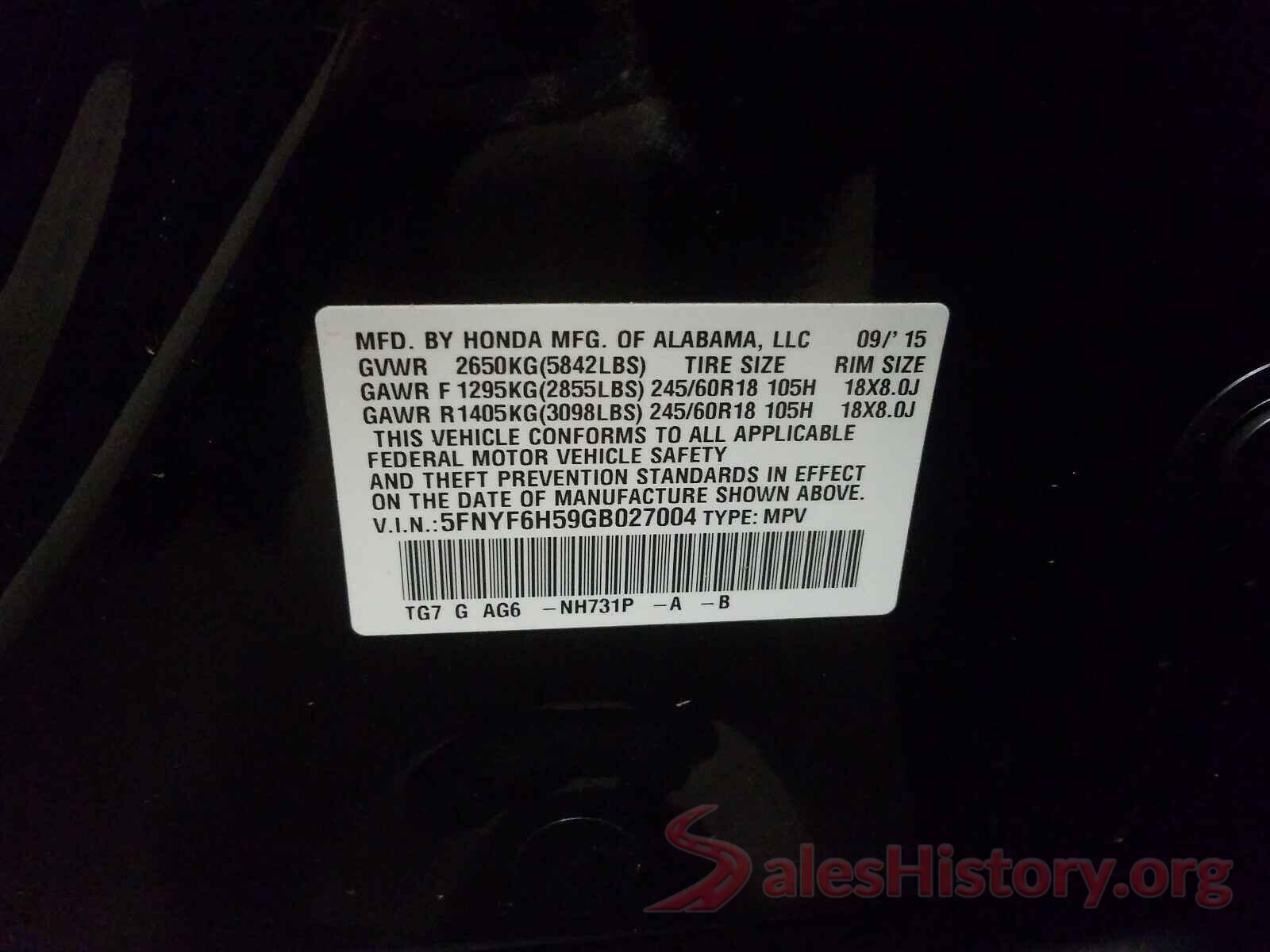 5FNYF6H59GB027004 2016 HONDA PILOT