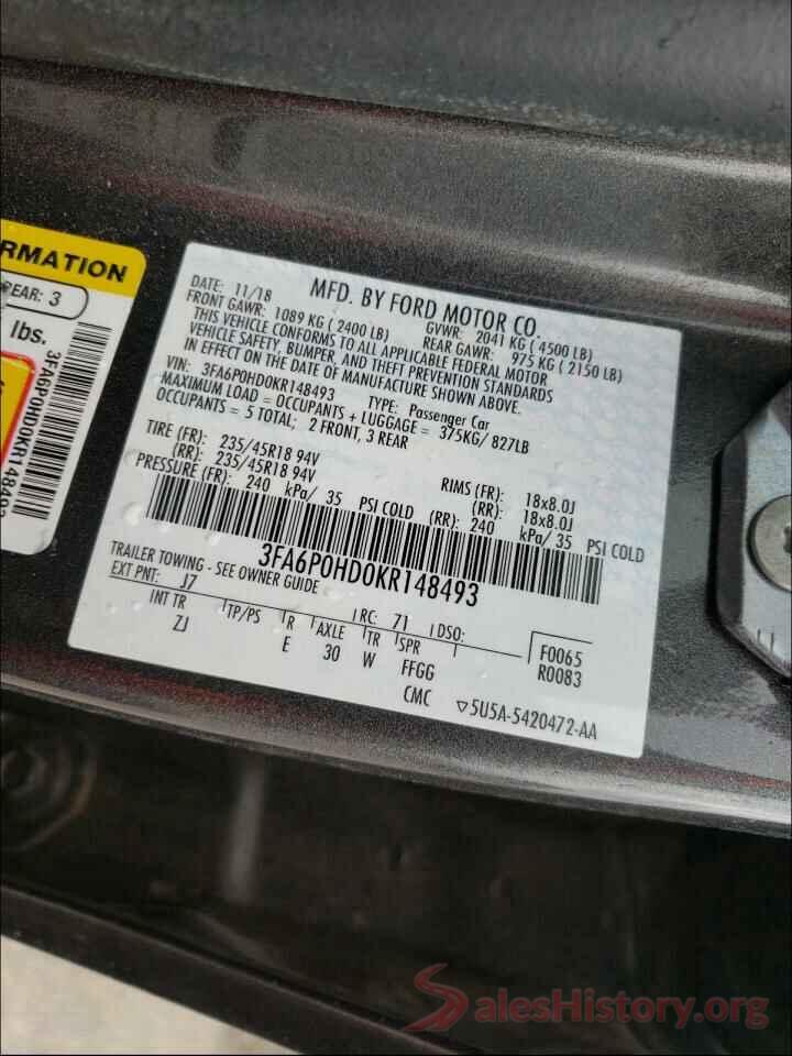 3FA6P0HD0KR148493 2019 FORD FUSION