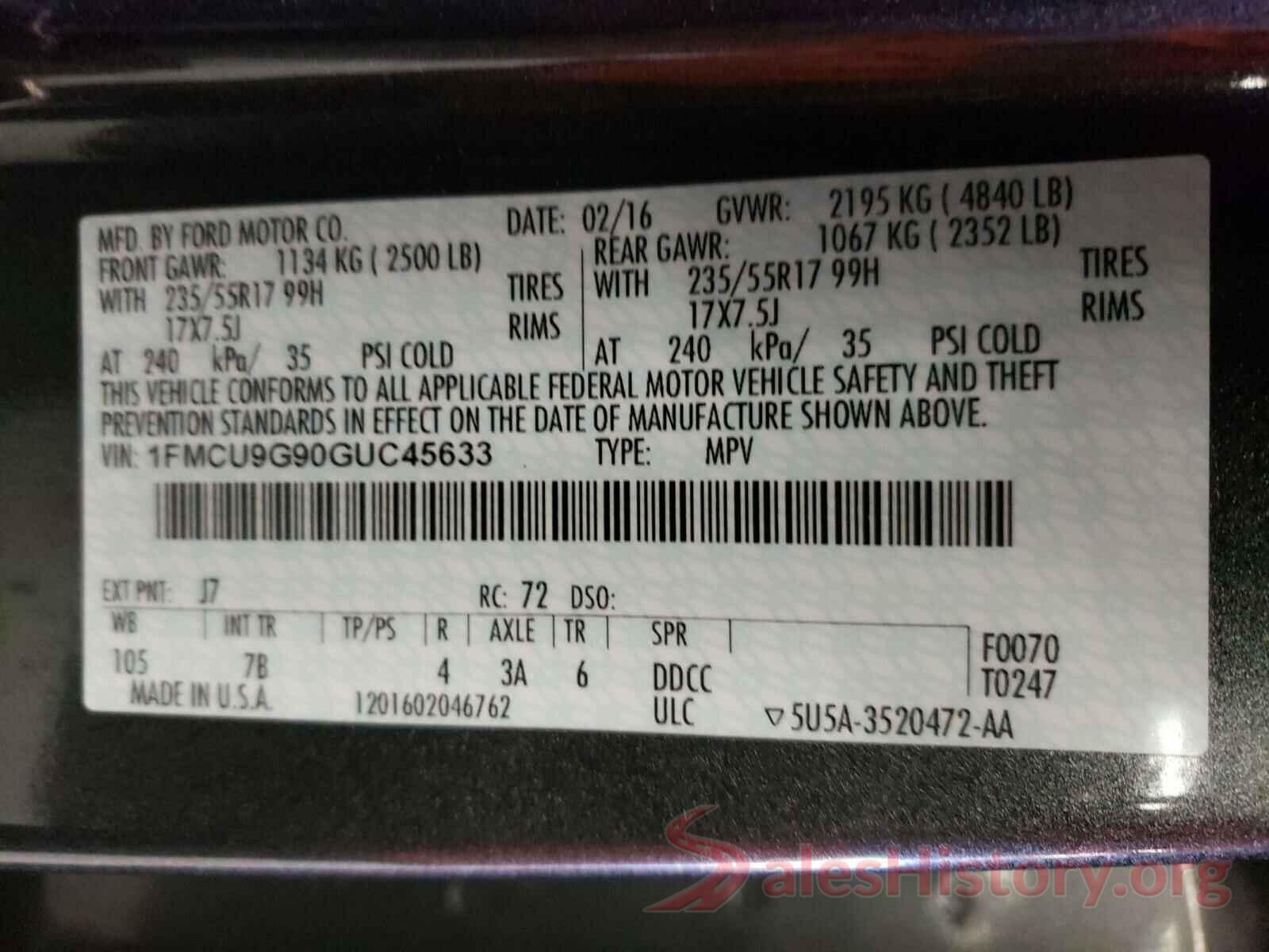 1FMCU9G90GUC45633 2016 FORD ESCAPE