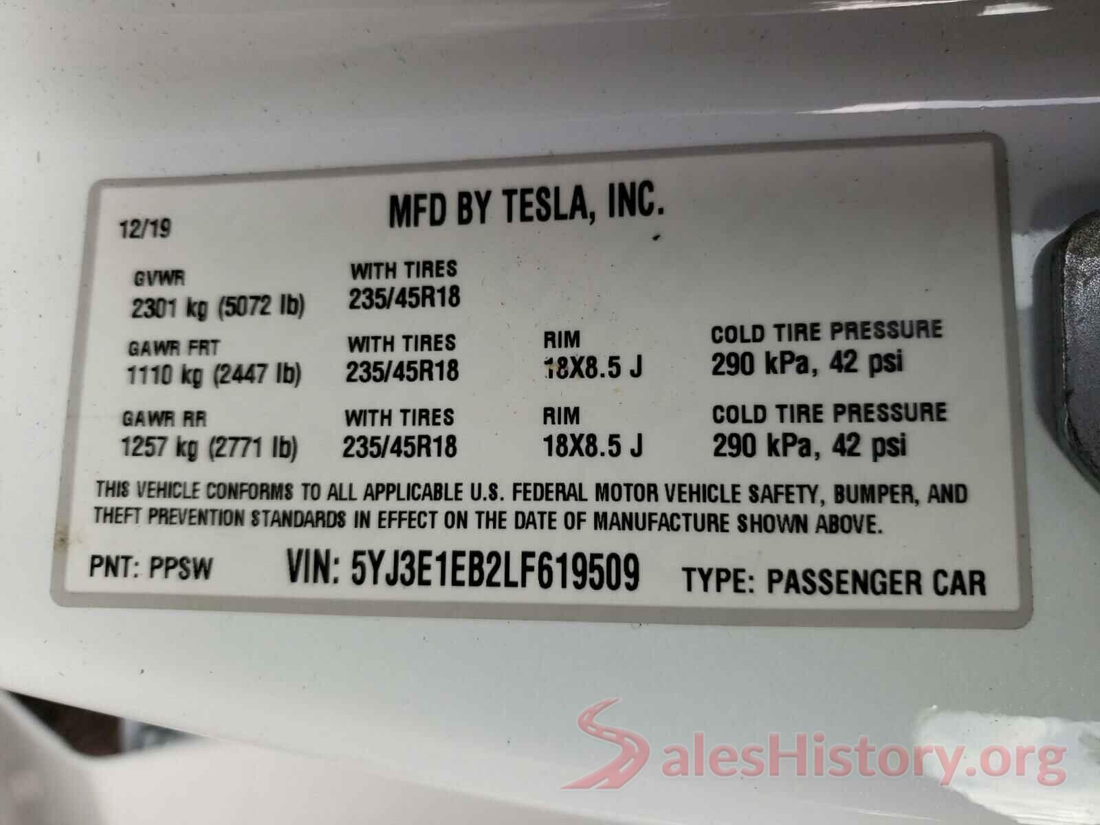 5YJ3E1EB2LF619509 2020 TESLA MODEL 3