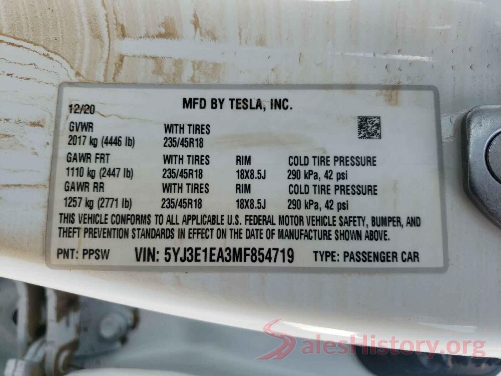 5YJ3E1EA3MF854719 2021 TESLA MODEL 3