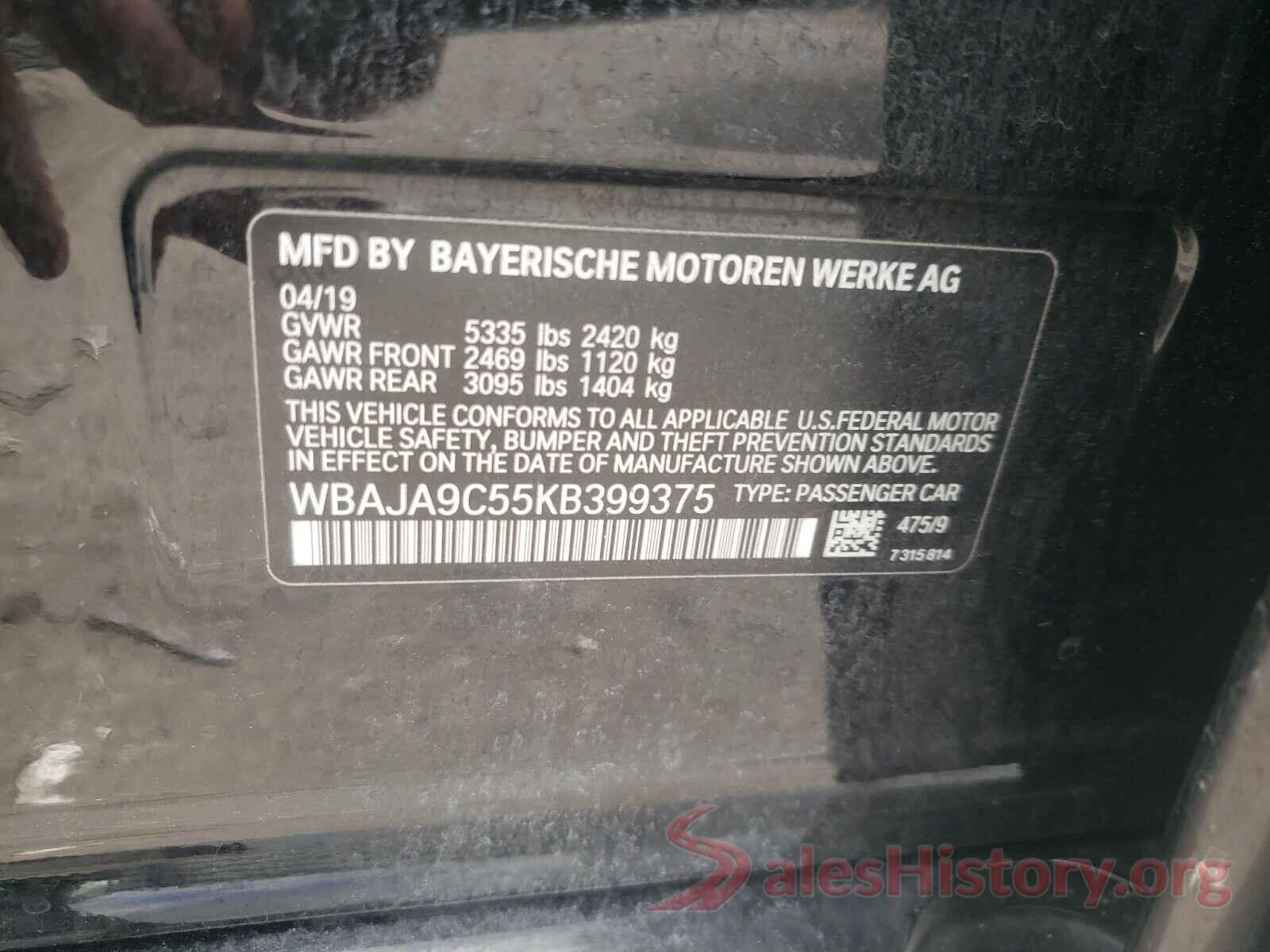 WBAJA9C55KB399375 2019 BMW 5 SERIES