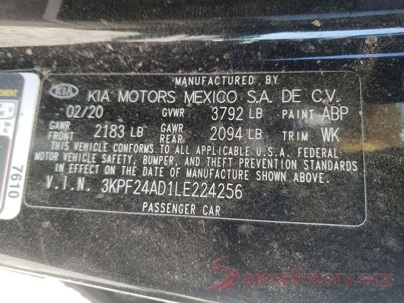 3KPF24AD1LE224256 2020 KIA FORTE