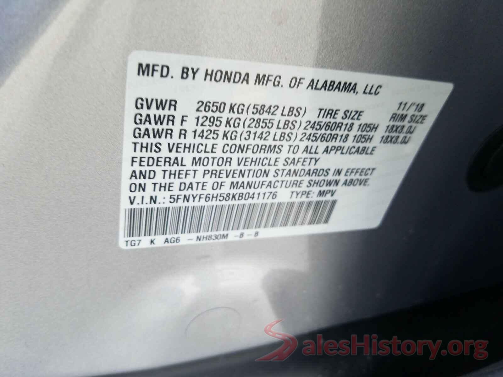 5FNYF6H58KB041176 2019 HONDA PILOT