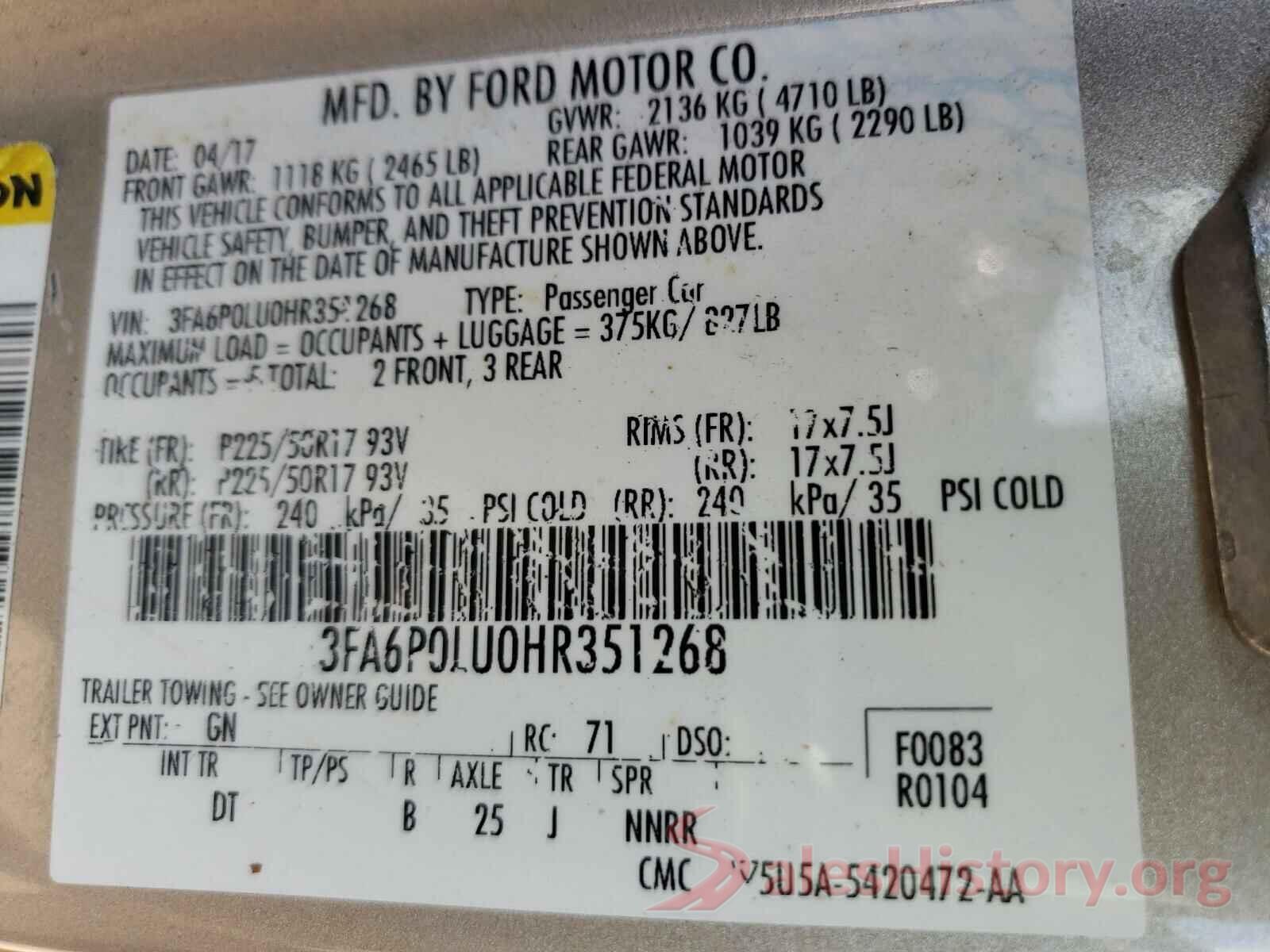 3FA6P0LU0HR351268 2017 FORD FUSION