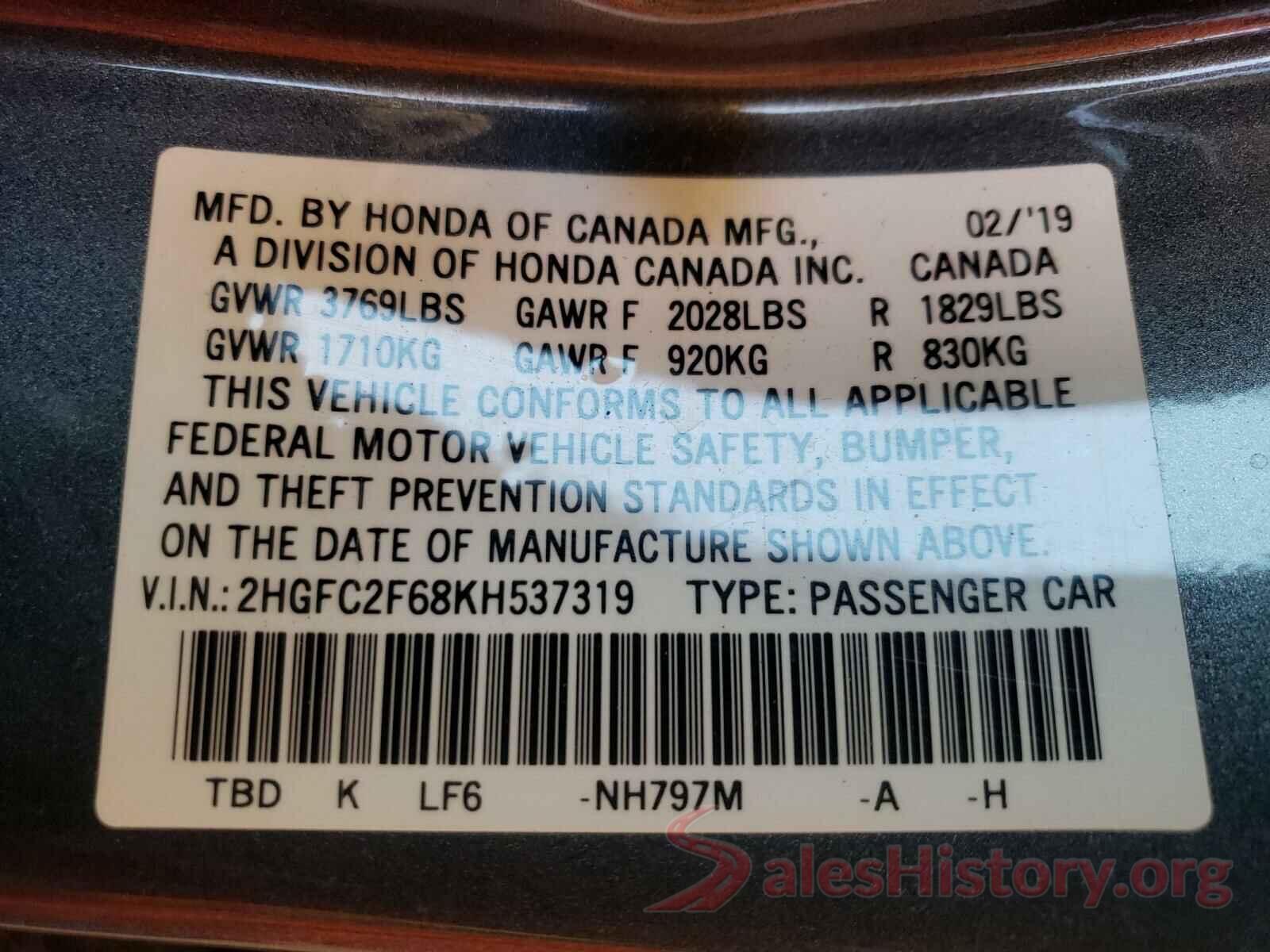 2HGFC2F68KH537319 2019 HONDA CIVIC