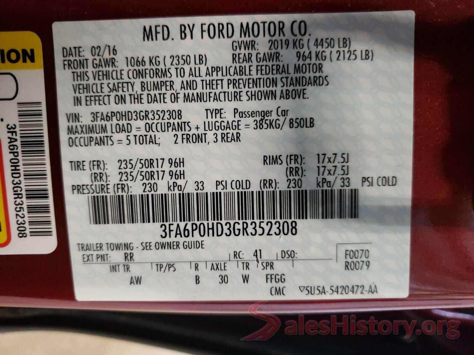 3FA6P0HD3GR352308 2016 FORD FUSION