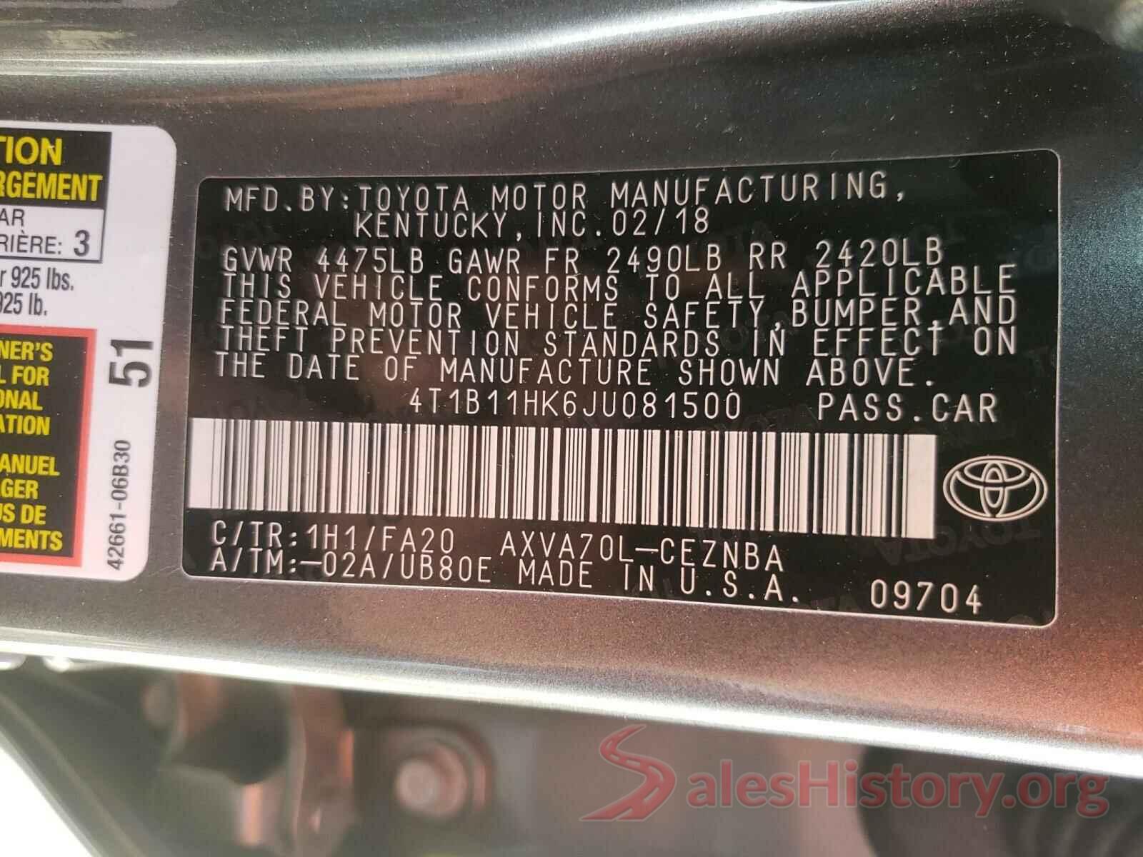 4T1B11HK6JU081500 2018 TOYOTA CAMRY