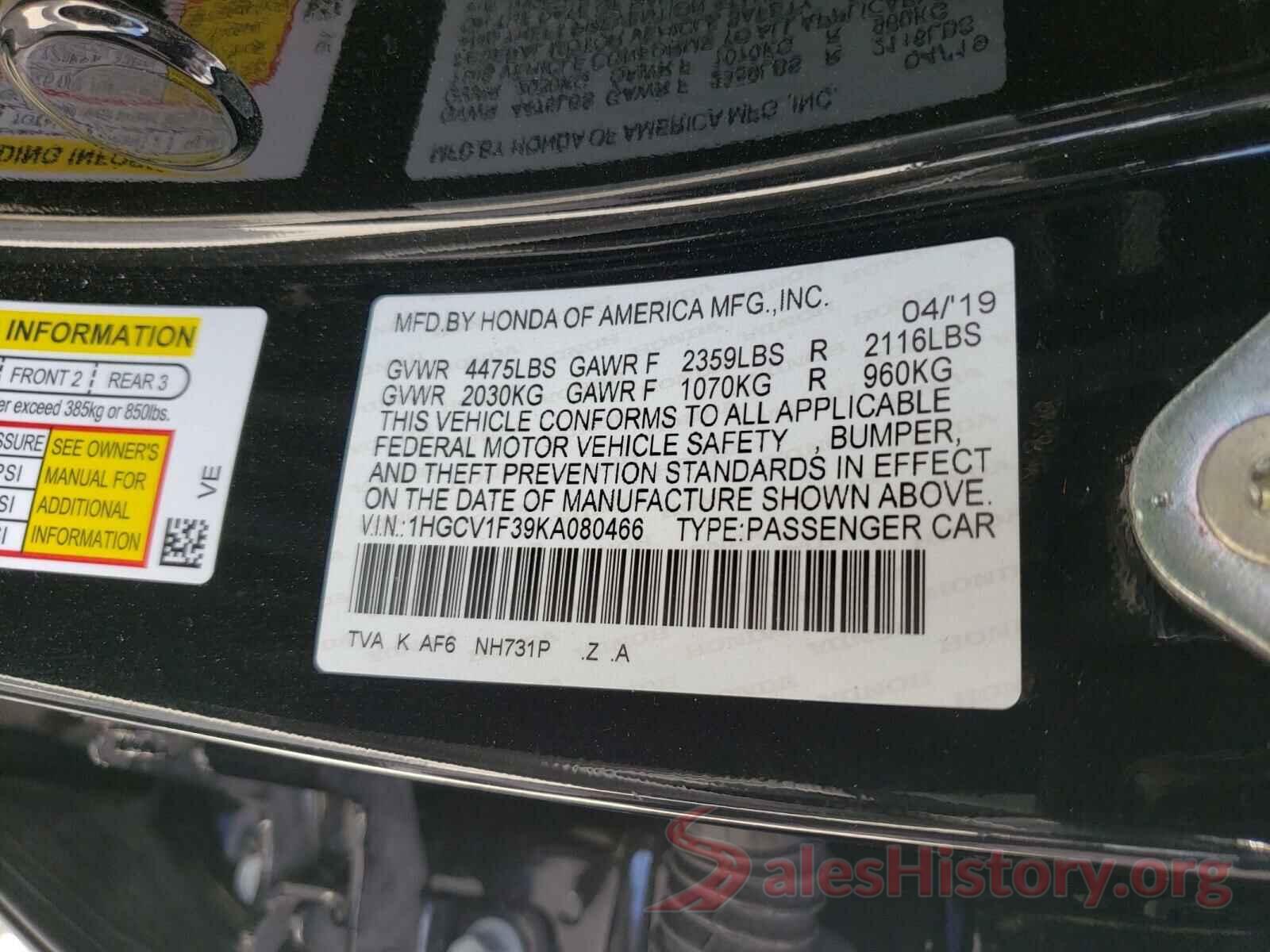 1HGCV1F39KA080466 2019 HONDA ACCORD