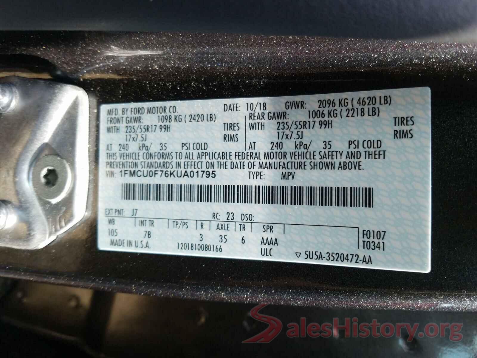 1FMCU0F76KUA01795 2019 FORD ESCAPE