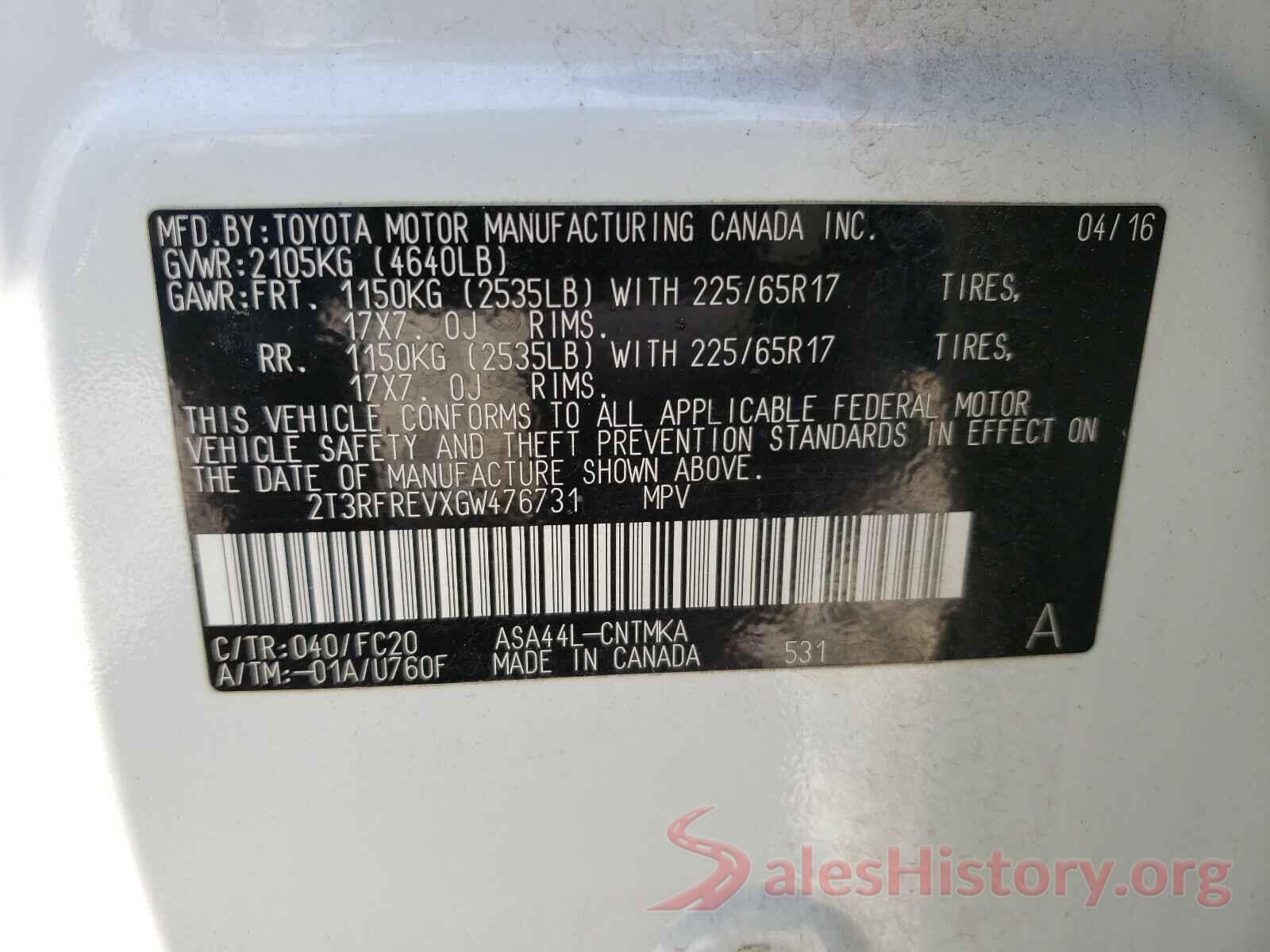 2T3RFREVXGW476731 2016 TOYOTA RAV4