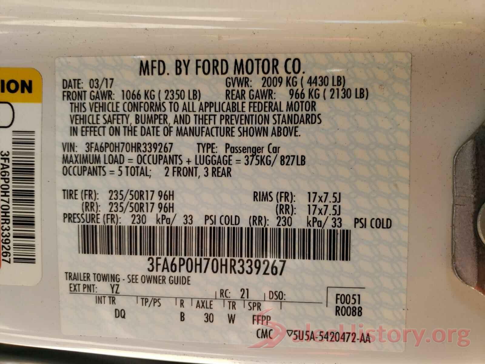 3FA6P0H70HR339267 2017 FORD FUSION