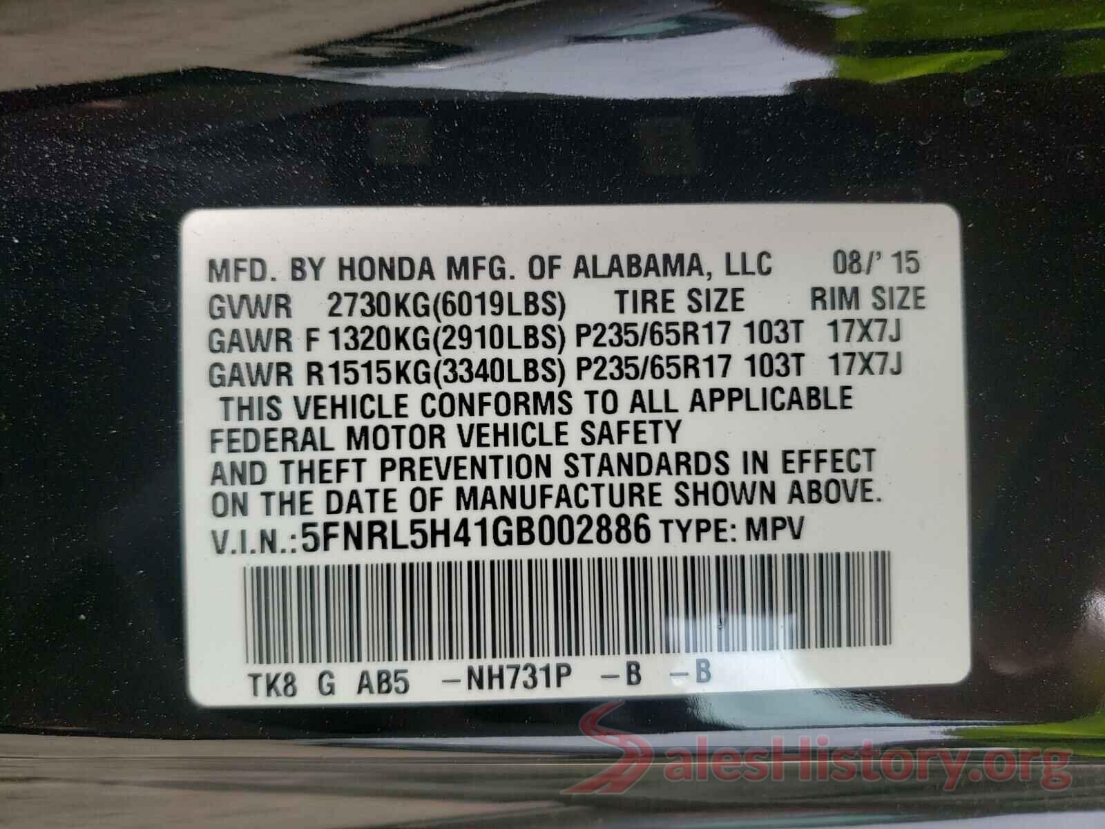 5FNRL5H41GB002886 2016 HONDA ODYSSEY