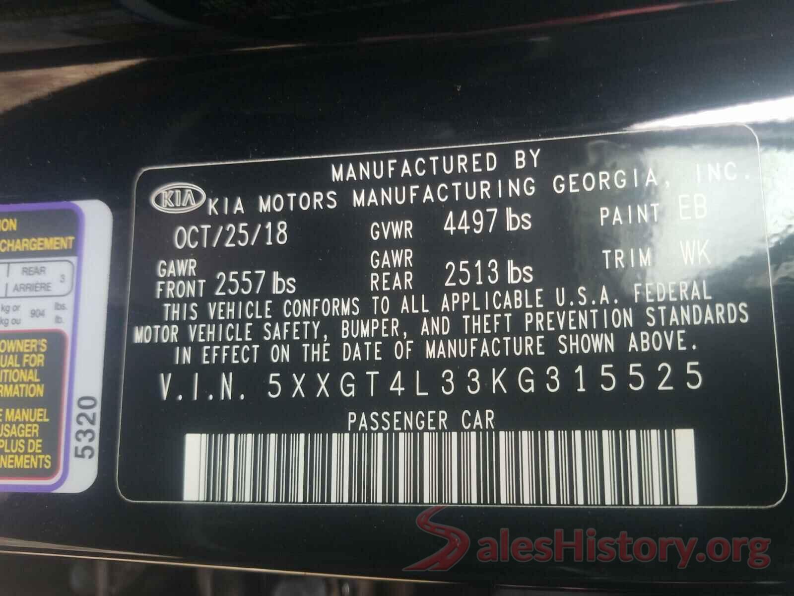 5XXGT4L33KG315525 2019 KIA OPTIMA