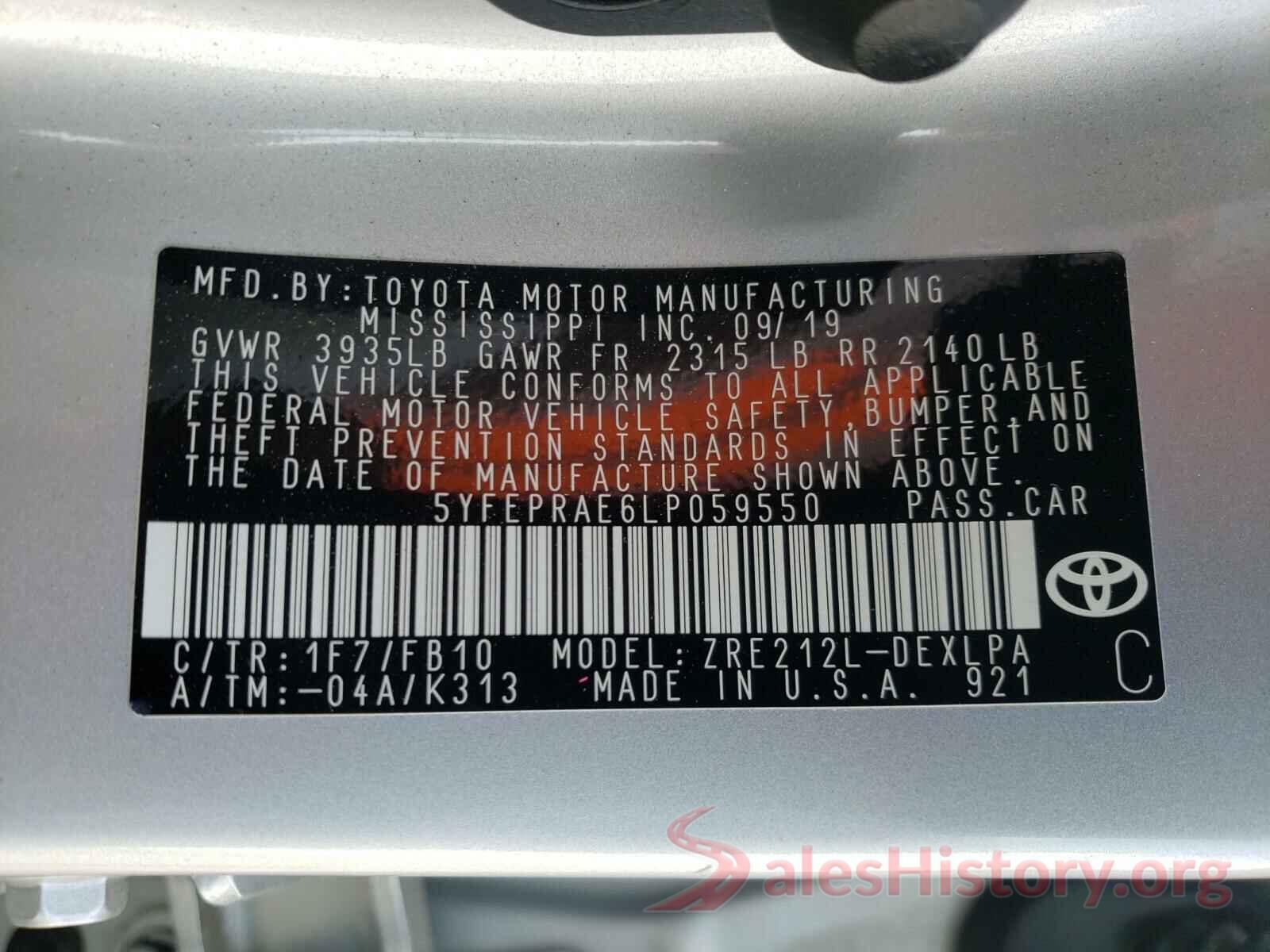 5YFEPRAE6LP059550 2020 TOYOTA COROLLA