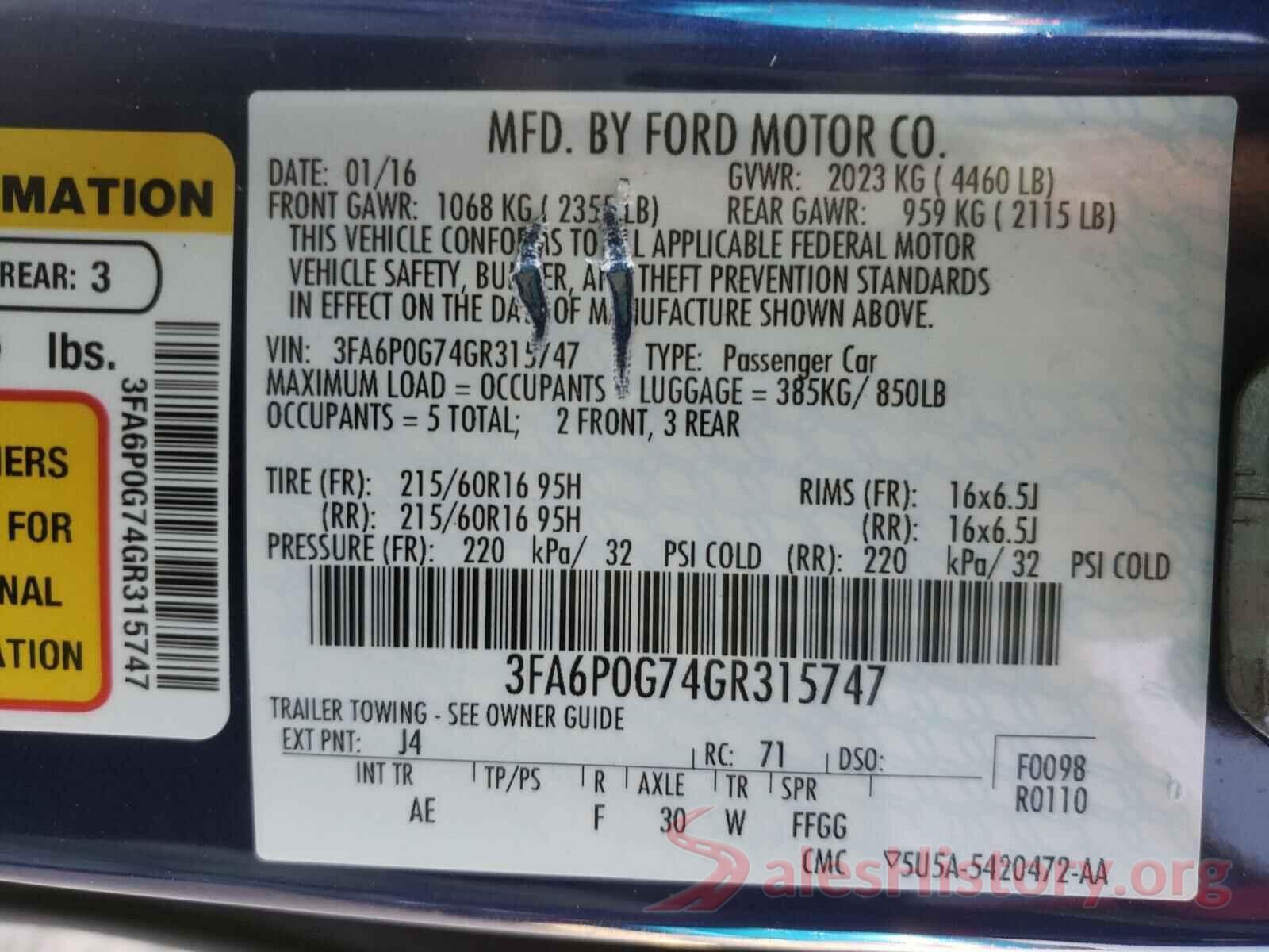 3FA6P0G74GR315747 2016 FORD FUSION