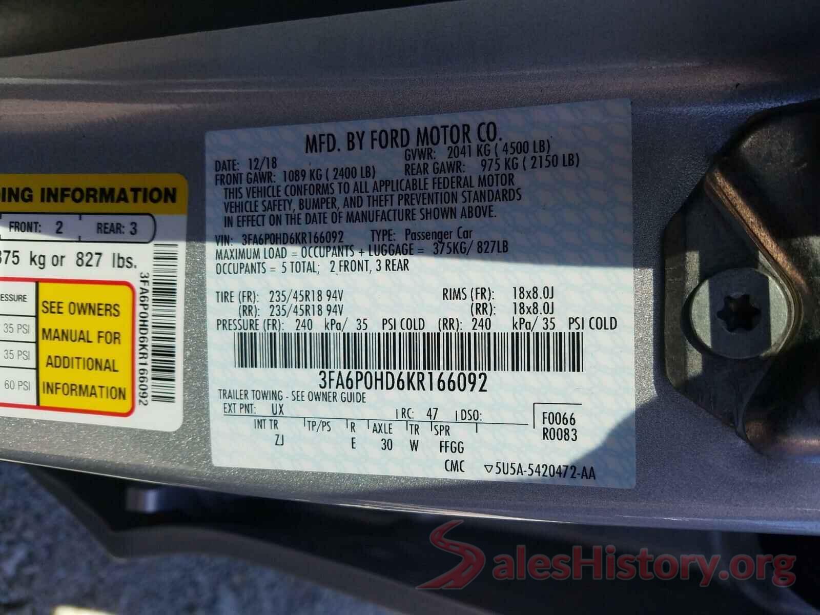 3FA6P0HD6KR166092 2019 FORD FUSION