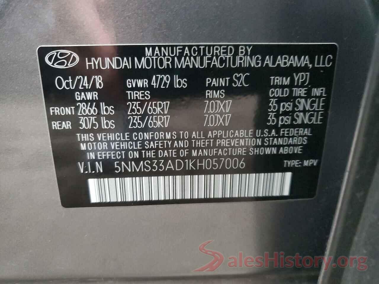 5NMS33AD1KH057006 2019 HYUNDAI SANTA FE